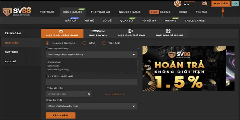 Các bước nạp tiền đơn giản tại SV88